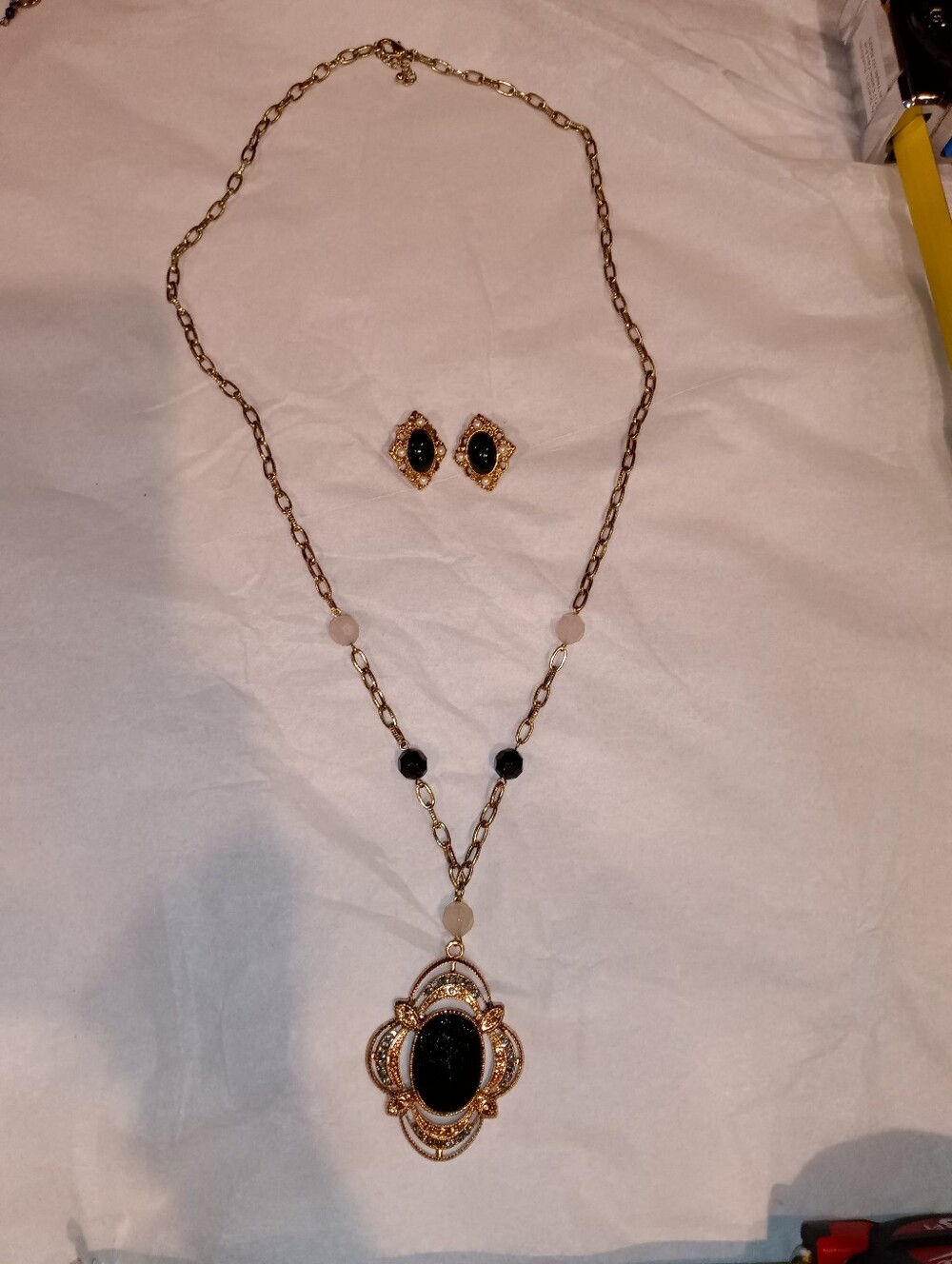 Gold-Tone Necklace and Earring Set with Black Stones